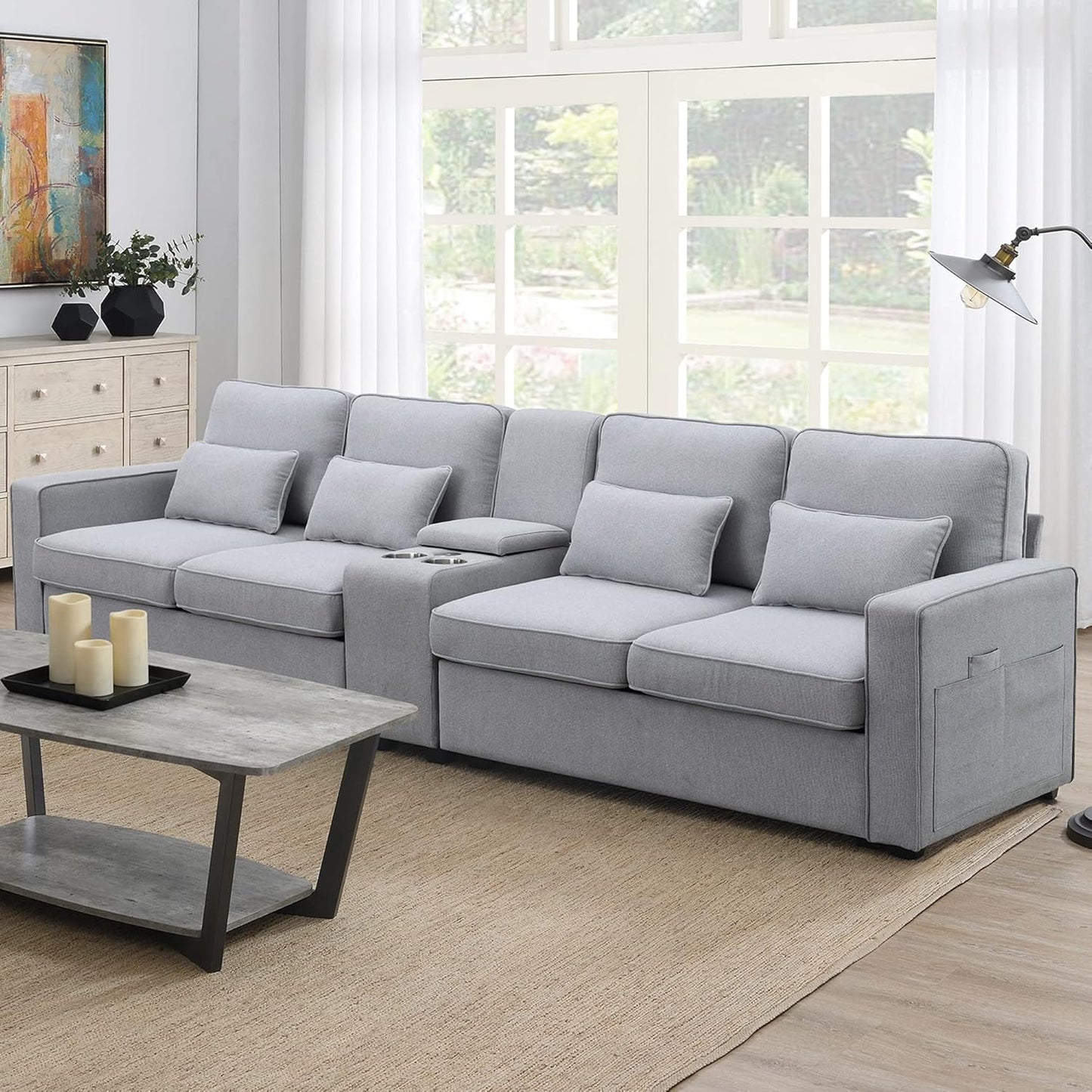 114.2" Linen Upholstered Sofa with Console and 2 USB Ports Wired or Wirelessly Charged,Modern 4-Seat Couches W/ 4 Pillows and Two Cupholders,for Living Room,Apartment,Light Gray