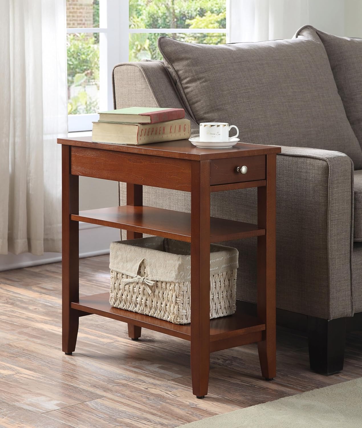 Convenience Concepts American Heritage Chairside End Table with Drawer 23.5" - Classic Living Room Table with Storage Shelf, Bedroom Nightstand, Cherry