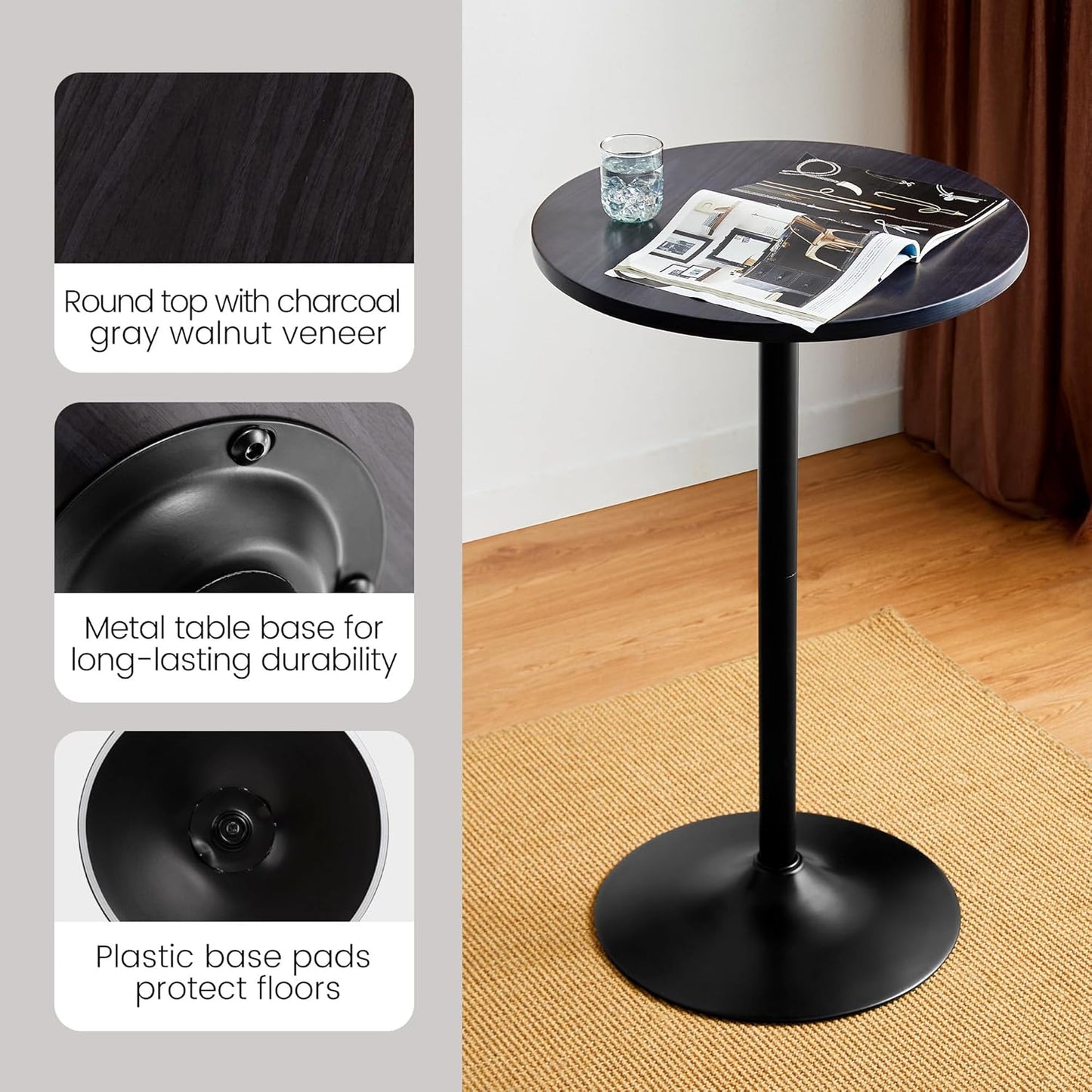 Glitzhome 39.5" H Set of 2 Pub Table Round Bar Table Wood Top with Black Metal Leg and Base,Charcoal Gray Walnut Veneer Finish Cocktail Table for Kitchen Island,Bistro,Restaurant (Charcoal Gray)