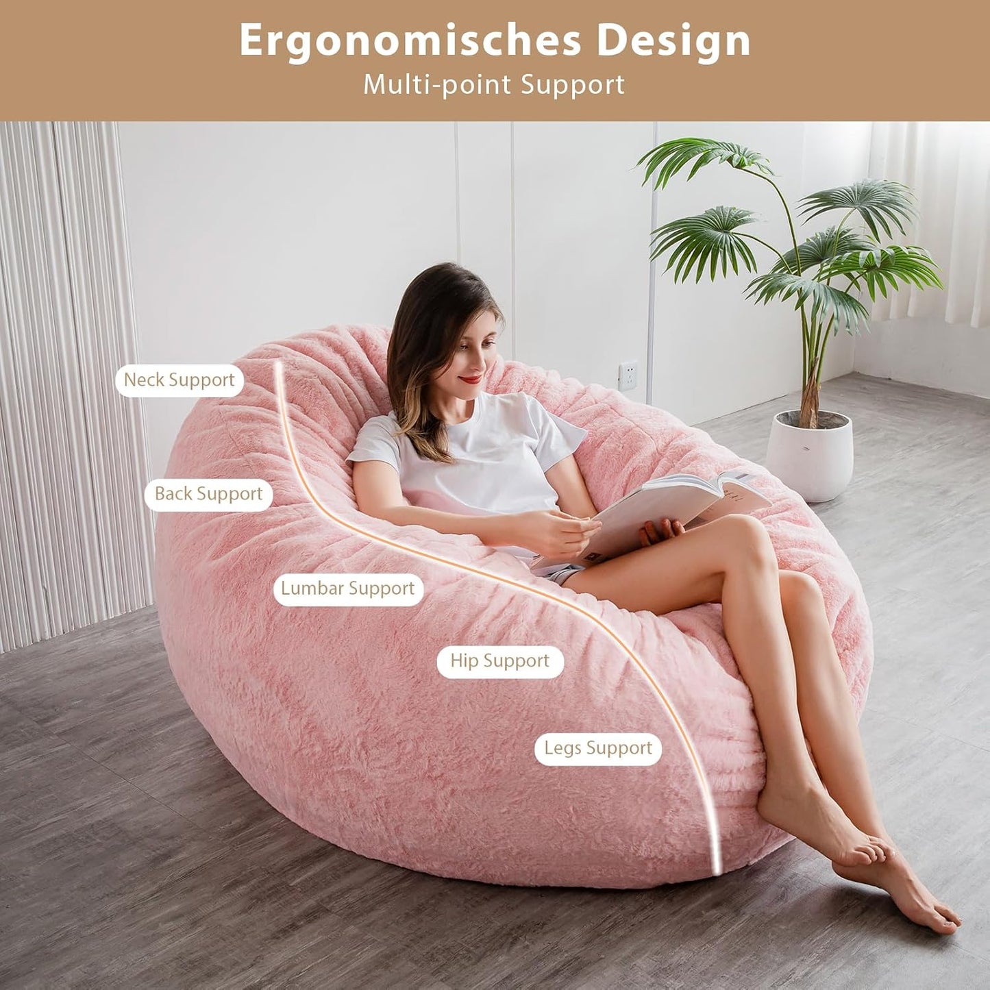 BYBYME 3 in 1 Bean Bag Chair, Convertible Chair Folds from Bean Bag to Lounger, High-Density Foam Filling, Faux Fur Big Sofa Bed, Giant Bean Bag Chair Bed for Adults