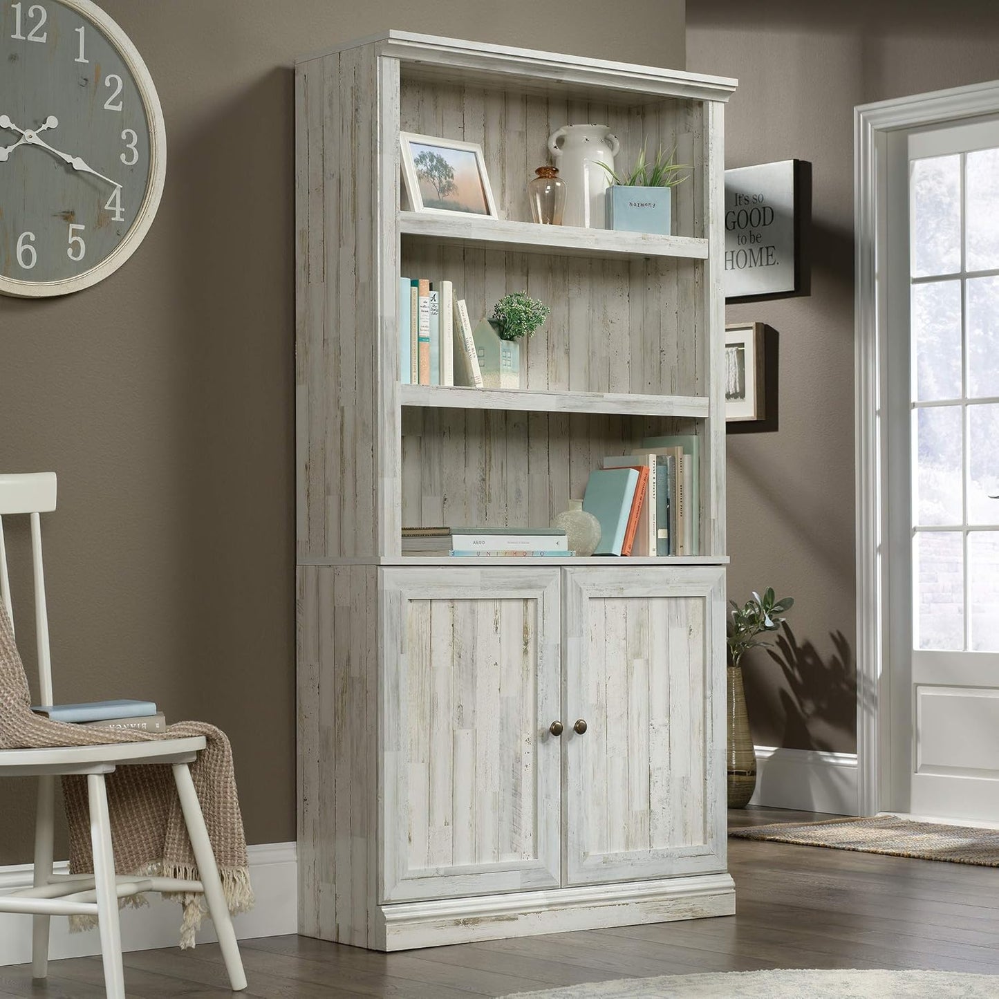Sauder Select Book Shelf, Bookshelf with Storage, Library Bookcase with Doors and Adjustable Shelves, in White Plank