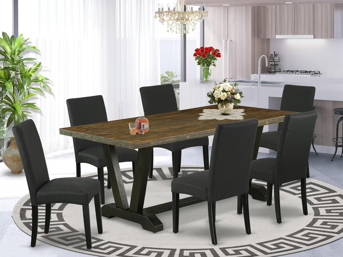 East West Furniture V677DR124-7 7 Piece Dining Set Consist of a Rectangle Dining Room Table with V-Legs and 6 Black Color Linen Fabric Upholstered Parson Chairs, 40x72 Inch, Multi-Color