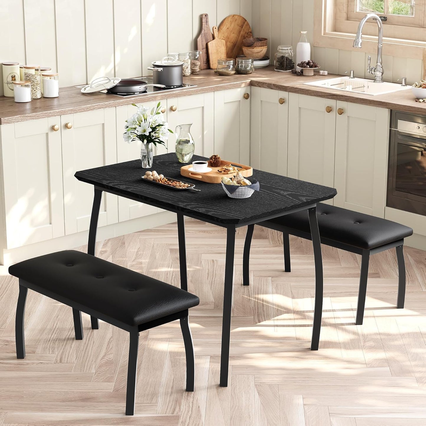 3 Piece Farmhouse Dining Table Set for 4, Compact Rustic Kitchen Table with 2 Padded Benches, Space Saving Breakfast Nook Furniture Set for Small Spaces, Apartments, Black
