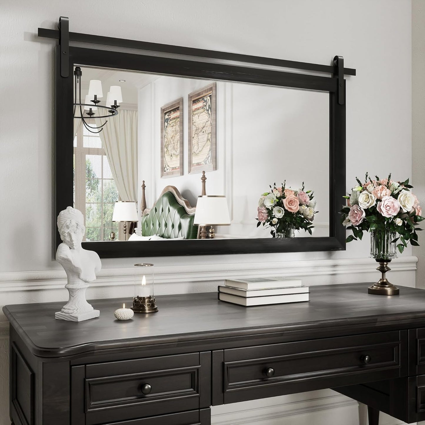 Black Farmhouse Mirror for Wall, 40x26INCH Large Wood Framed Square Bathroom Mirrors for Vanity, Barn Door Style Mirrors Wall Mounted Dresser Decor Mirror Living Room Bedroom Horizontal