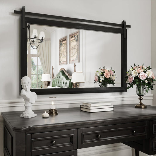 Black Farmhouse Mirror for Wall, 40x26INCH Large Wood Framed Square Bathroom Mirrors for Vanity, Barn Door Style Mirrors Wall Mounted Dresser Decor Mirror Living Room Bedroom Horizontal