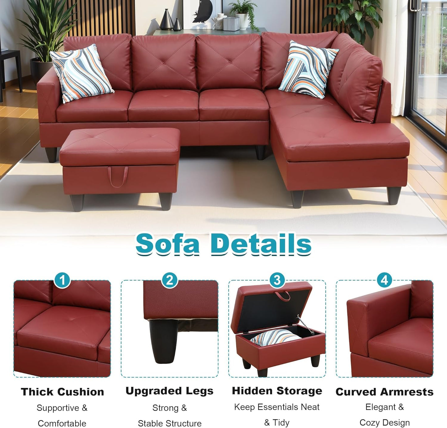 97" Oversized Sectional Couch, L Shaped Couch with Storage Ottoman, Modern Modular Sofa with Deep Seat, Sectional Couches for Living Room and Office, Red (Faux Leather)
