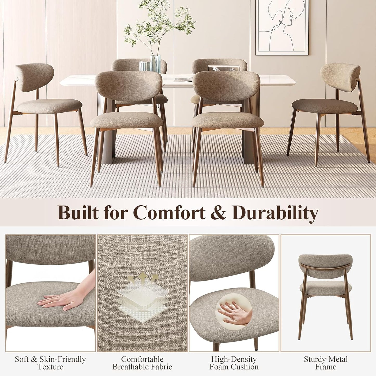 Dining Chairs Set of 6, Ergonomic Fabric Upholstered Seating with Wood Look Metal Legs and Anti Slip Pads, for Home and Restaurant Use, Camel