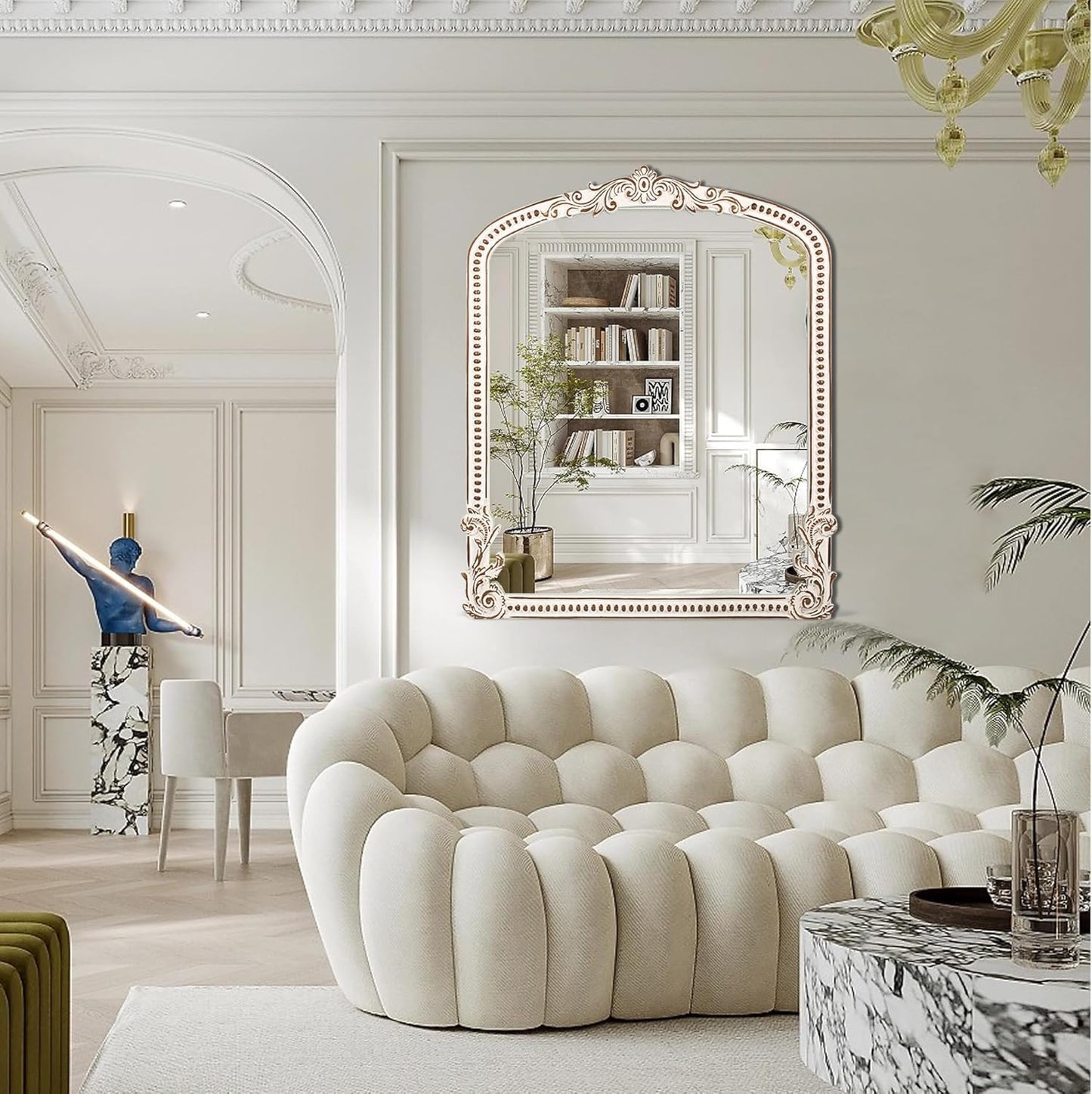 30x35 Inch Baroque Farmhouse Arched Wall Mirror Wooden, Rustic Distressed Decorative Mirrors for Fireplace, Living Room, Bedroom, Entryway, Bathroom