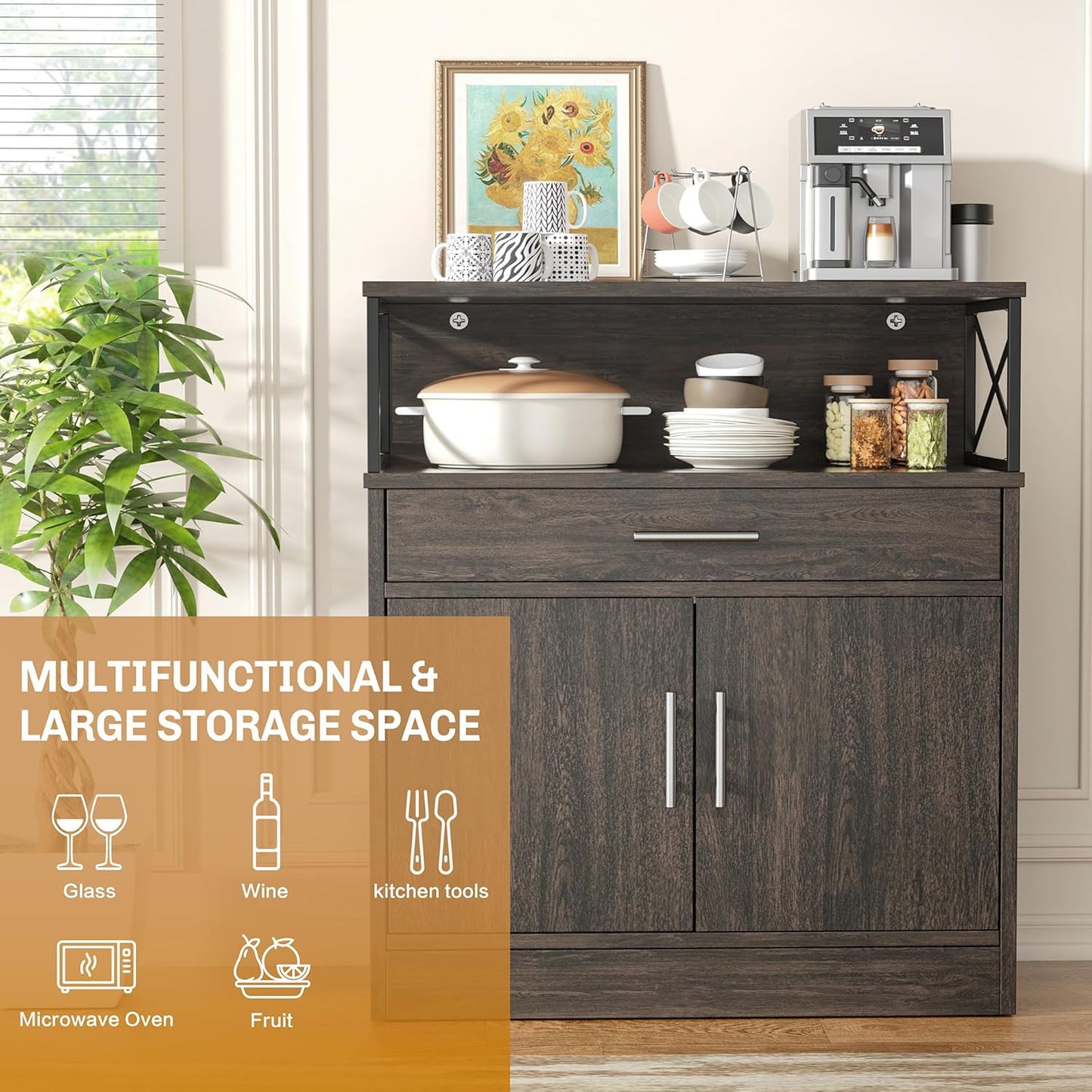 Shintenchi Kitchen Storage Cabinet with Adjustable Shelves and Drawers, Modern Buffet Sideboard, Wood Buffet Cabinet with Doors, Floor Cabinet Cupboard for Coffee Bar Living Room, Dark Brown