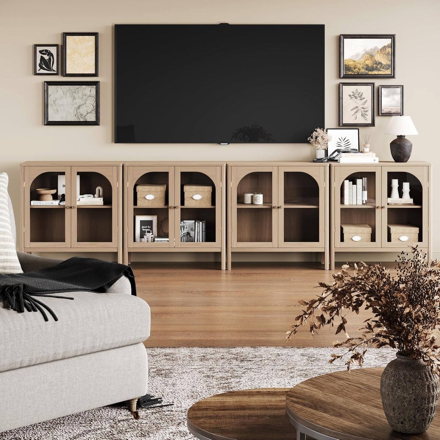 Nathan James Mason Modern Farmhouse TV Stand, Free Standing Accent Sideboard Buffet, Cabinet with Glass Doors and Adjustable Shelf, Clear Glass/Raw Oak Set of 4