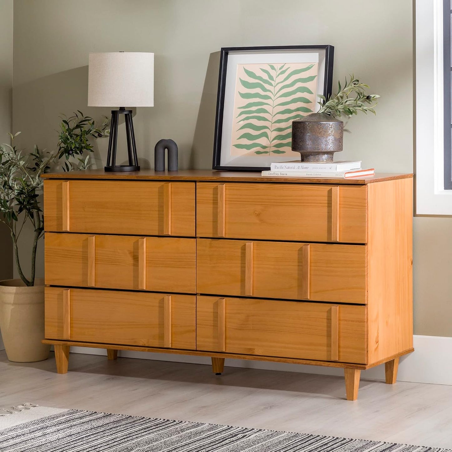 Walker Edison Contemporary Detailed 6-Drawer Solid Wood Dresser, 60 Inch, Caramel