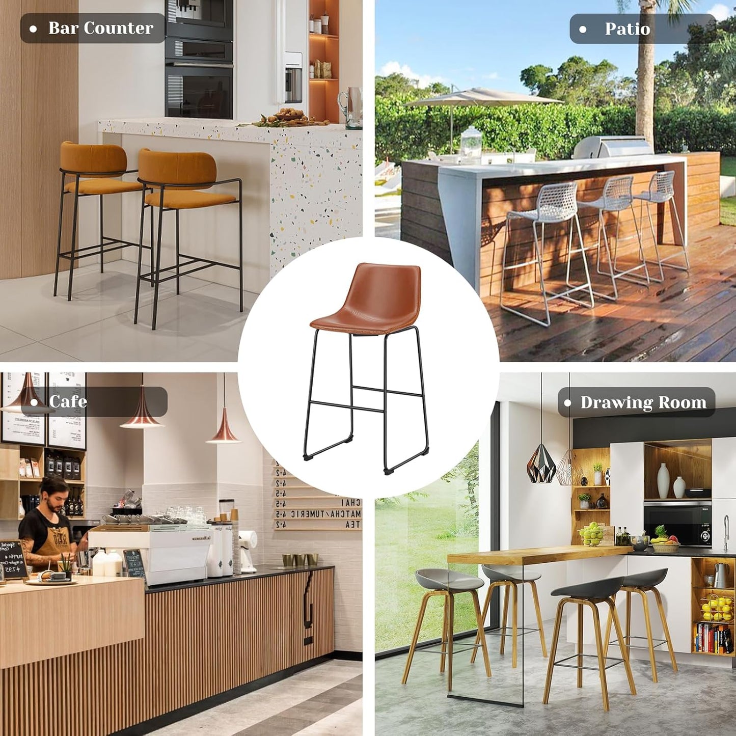 DUMOS 26 Inch Counter Height Bar Stools Set of 2, Modern Faux Leather High Barstools with Back and Metal Leg, Bar Chairs for Kitchen lsland, Elegant Brown