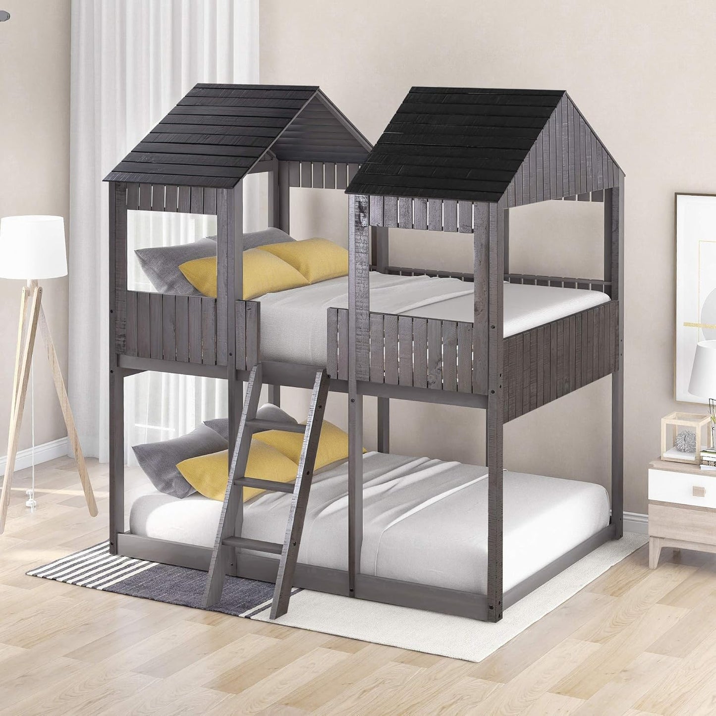 Ball & Cast Full Over Full Size Playhouse Bunk Bed with Roof and Window,Wood Bunkbed w/Full-Length Guard Rail & Ladder,Slat Support,Space Saving,Bedroom Furniture for Student Dorms,Antique Gray