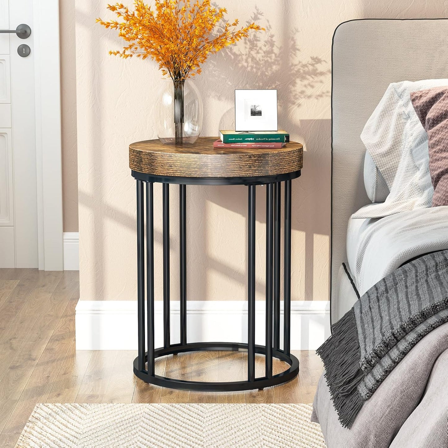 Tribesigns Round End Table, Modern Side Small Accent Nightstand with Metal Frame, Wooden Circle Bedside for Living Room Sofa Couch, Bedroom, Easy Assembly, Space Saving, Rustic Brown & Black