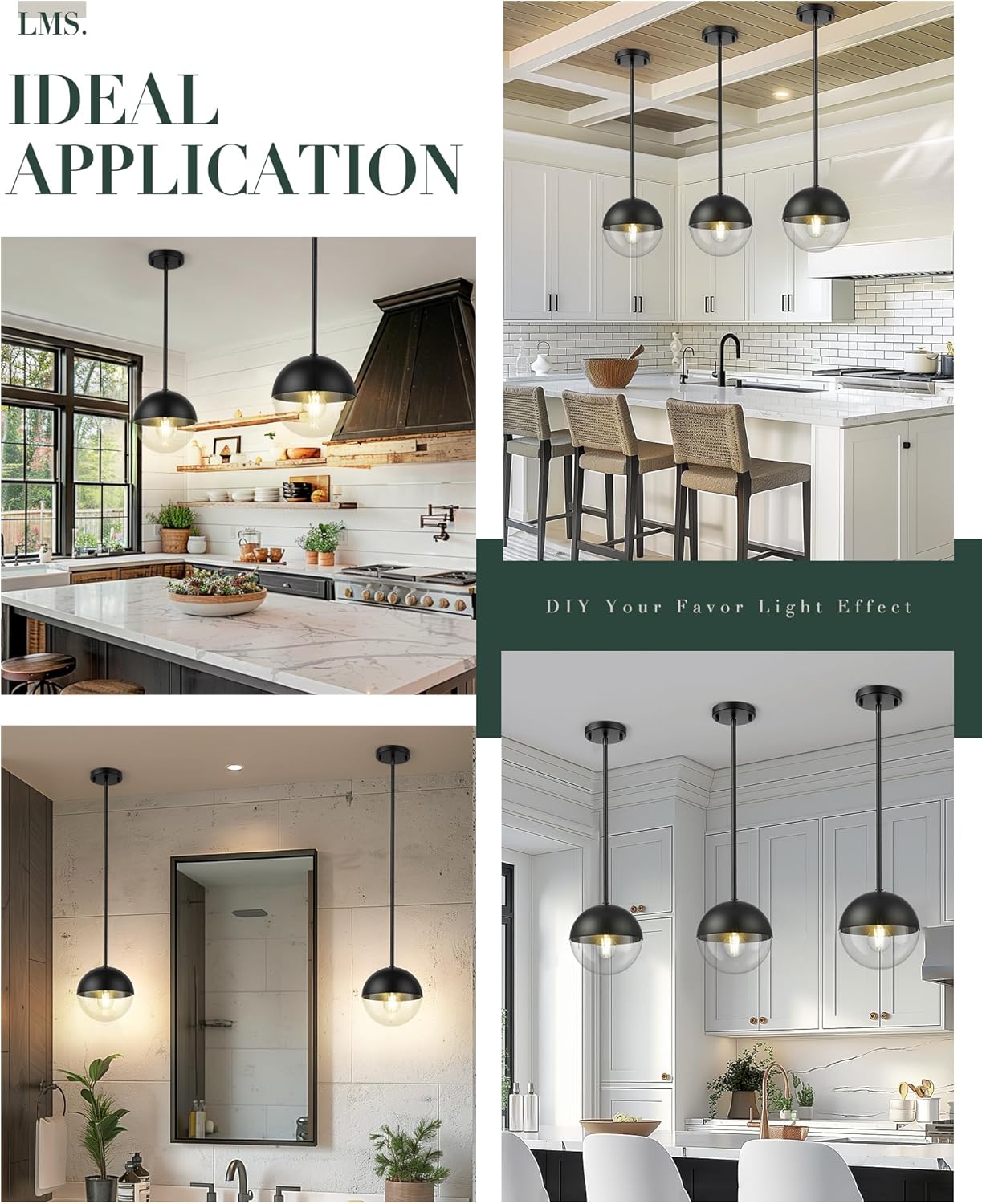 LMS Modern Pendant Lights, Matte Black Kitchen Island Pendant Light Fixtures, Adjustable Hanging Rod Ceiling Light for Dining Room Bathroom Bedroom, LMS-186BKC