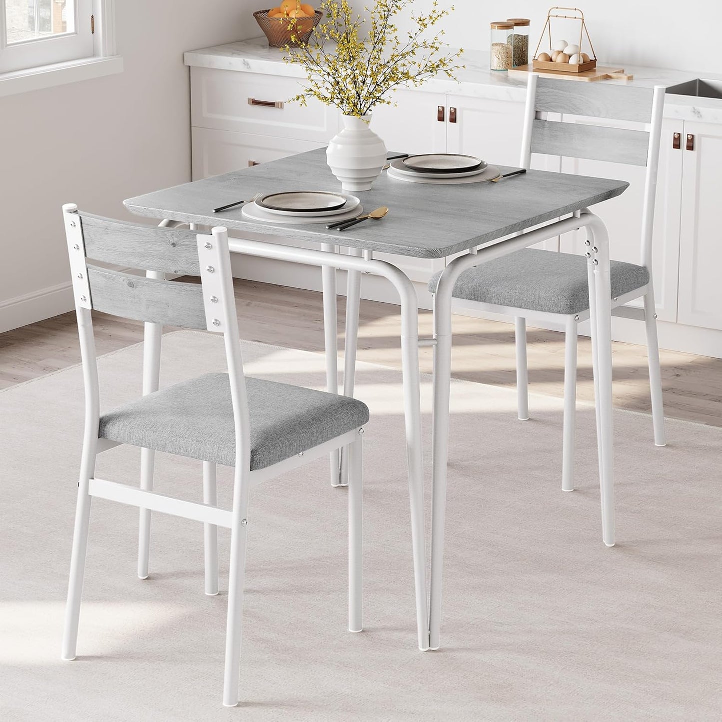 Dining Table for 2, Small Table and Chairs Set of 2, Square Dinette Set for 2, 3 Piece Kitchen & Dining Room Sets for Small Space (White, Table with 2 Upholstered Chairs)