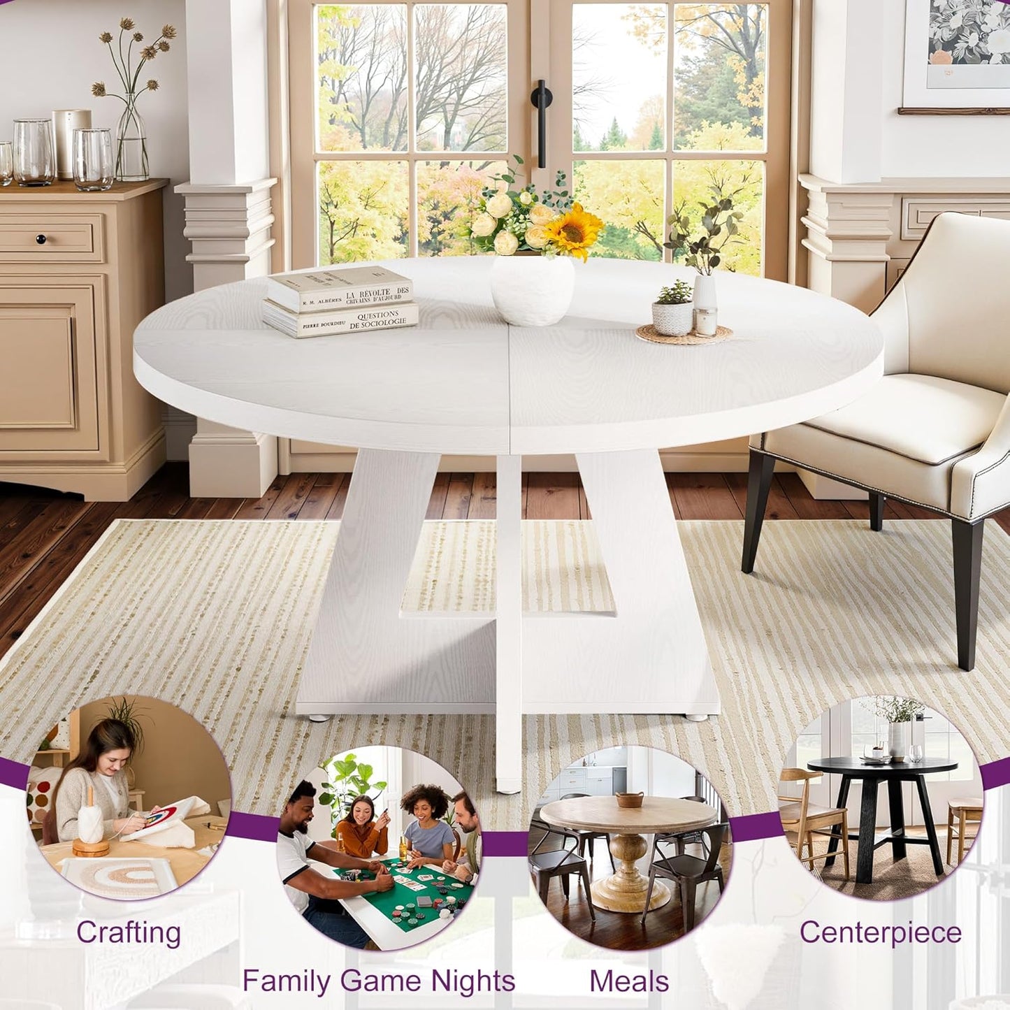 Round Dining Table for 4, 47" Wooden Kitchen Dinner Table Rustic, Farmhouse Table for Dining Room, Living Room, White
