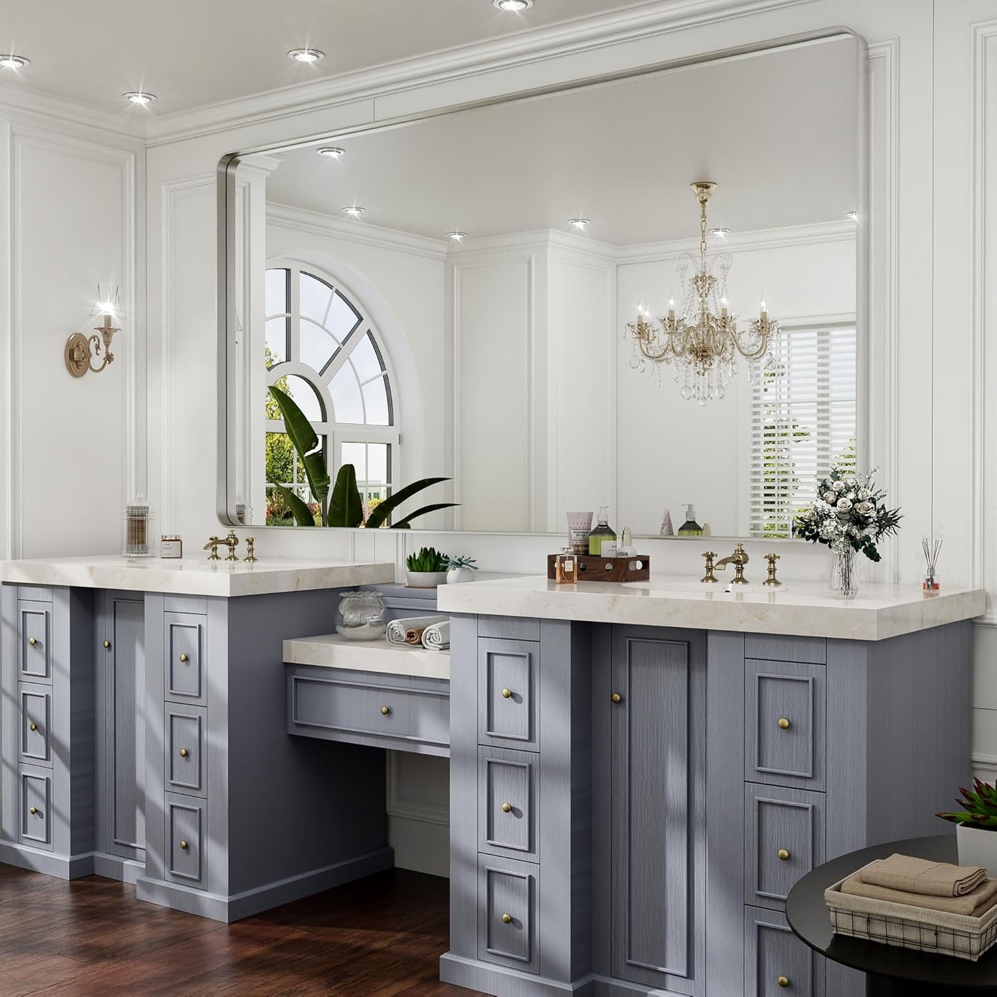 Hasipu Brushed Silver Bathroom Mirror 63x35 Inch Rounded Rectangle Vanity Mirror Metal Framed Wall Mirrors Anti-Rust Surface Mount (Horizontal/Vertical)