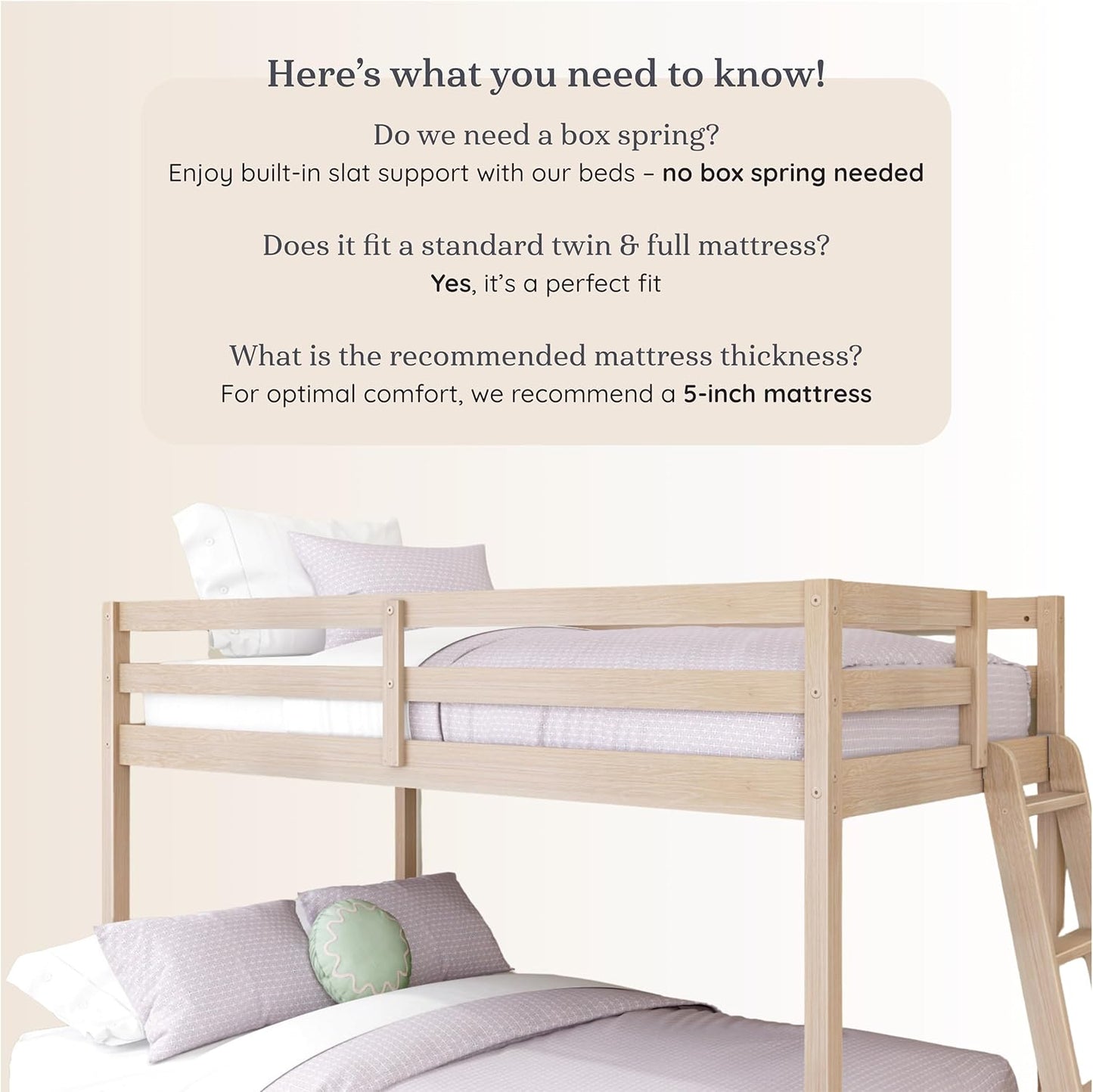 Grain & Grove Bear Twin Over Full Bunk Bed, Low Bunk Bed Frame for Kids, Bunk with Ladder, Guardrail and Slats, No Box Spring Required, Oak Embossed Natural