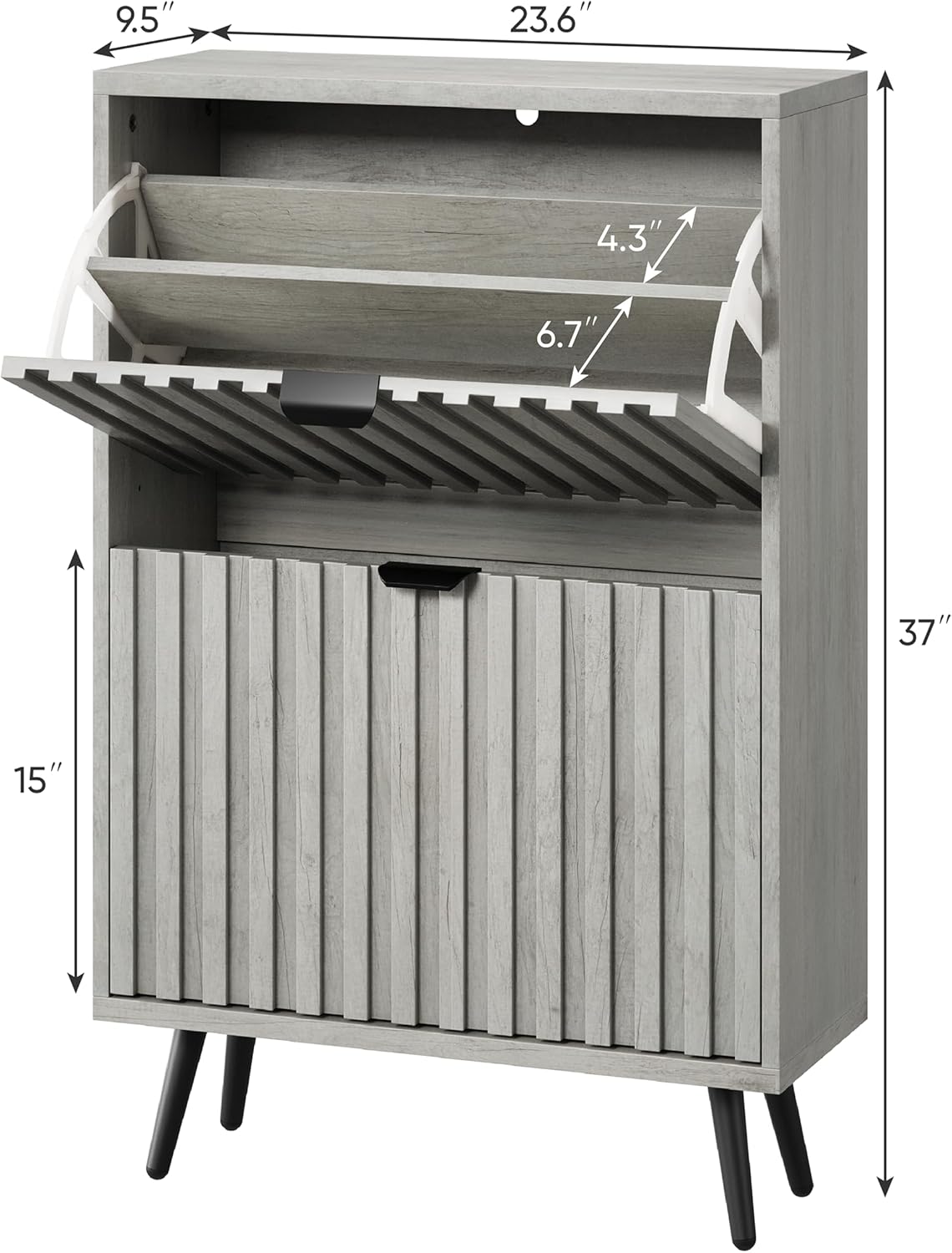 Smuxee Shoe Cabinet with 2 Flip Drawers, 23.6" Grey Hidden Shoe Storage Cabinet with Fluted Design, Freestanding Shoe Organizer Cabinet for Entryway, Hallway, Living Room, Closet