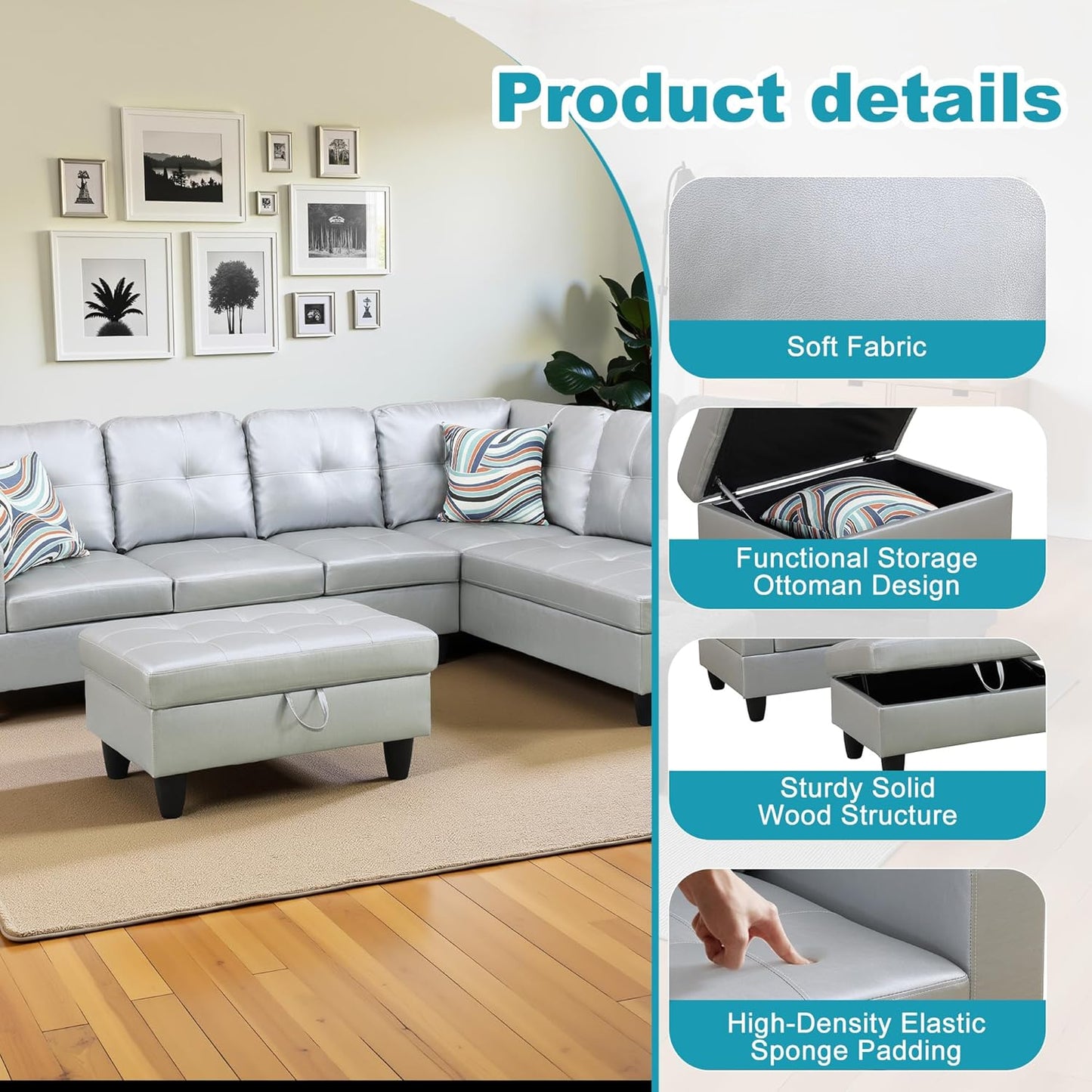 Couches for Living Room PU Leather L Shaped Couch Comfy 3 Pieces Sectional Sofa with Chaise, Ottoman with Storage for Office and Small Apartment, Silver