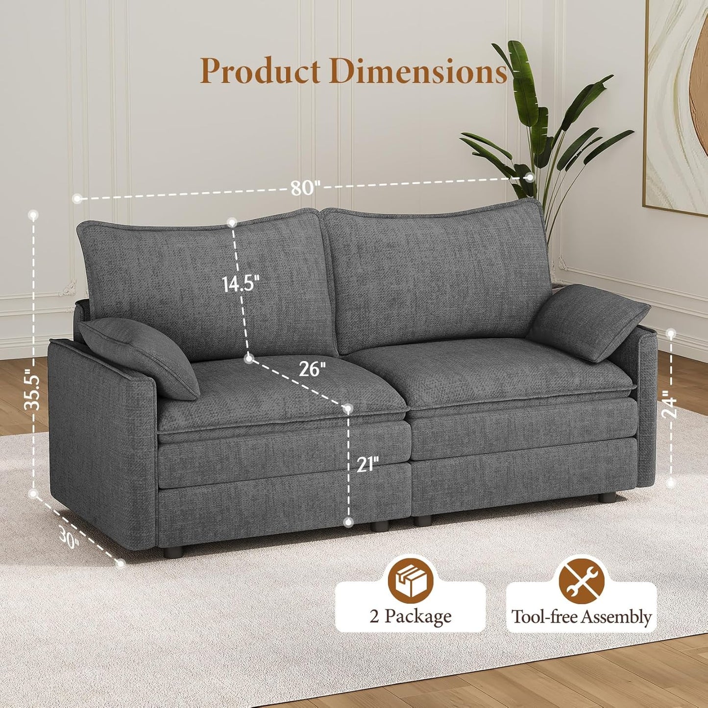 Vesgantti 74" Loveseat Sofa for Living Room, Comfy Cloud Couch Deep Seat Chenille Modern 2 Seater Small Sofa with Armrest Pillow, Easy Assembly for Small Spaces, Gray