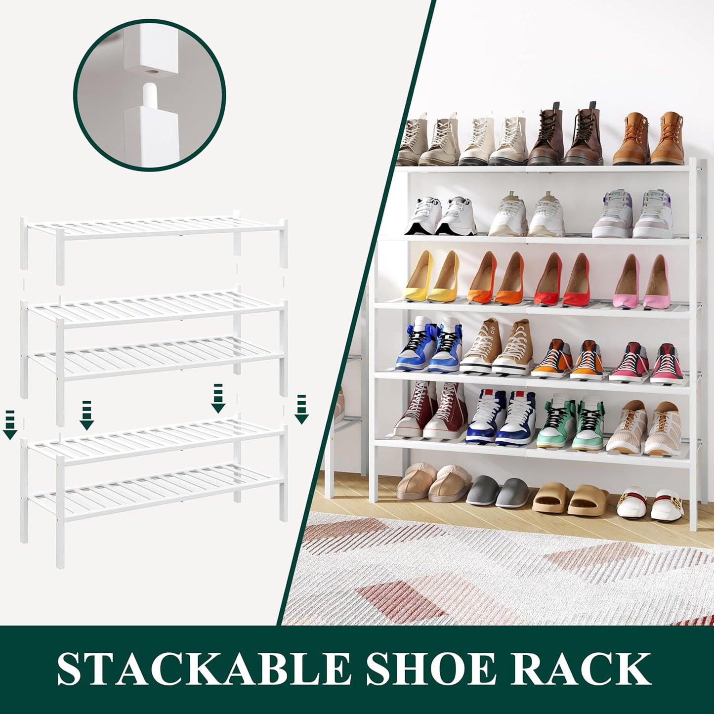 Smiry Shoe Rack, 2 Tier Long Bamboo Shoe Organizer, Stackable Free Standing Wooden Shoe Storage Shelf for Closet, Entryway, Front Door Entrance, White