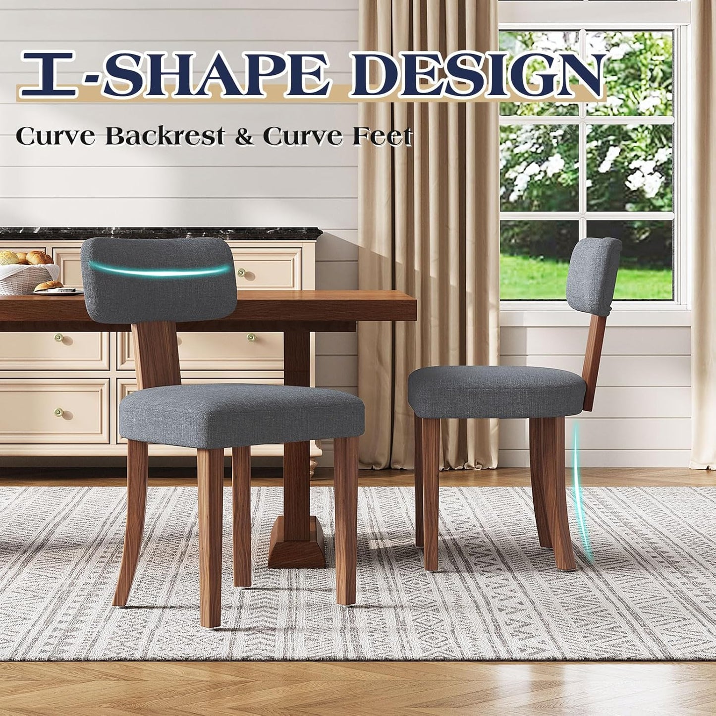 Mid Century Modern Dining Chairs Set of 2, Linen Upholstered Kitchen Chairs with Curved Backrest & Adjustable Legs for Living Room/Bedroom/Lounge, Easy to Install, Grey Linen