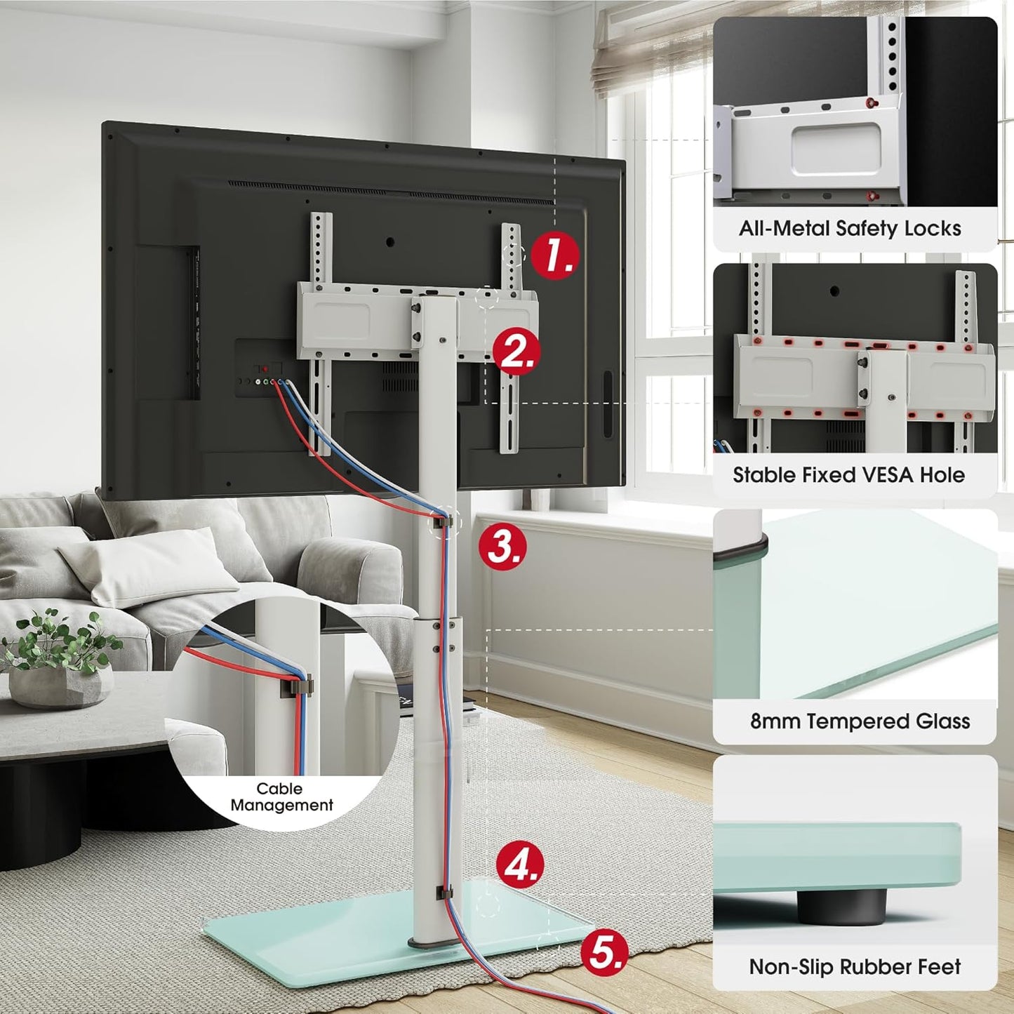 Swivel TV Floor Stand for 32-65 Inches TVs, 8 Level Height Adjustable Corner Small TV Stand Mount for Living Room/Bedroom, Holds up to 88 lbs,MAX VESA 400x400mm,White