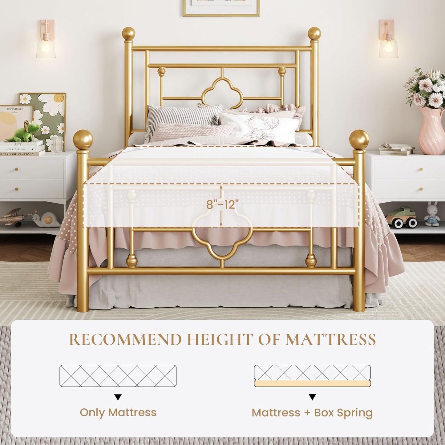 SHA CERLIN 14 Inches Twin Size Metal Platform Bed Frame/Vintage Iron-Art Headboard and Footboard/Mattress Foundation/No Box Spring Needed/Noise-Free/Easy Assembly/Gold