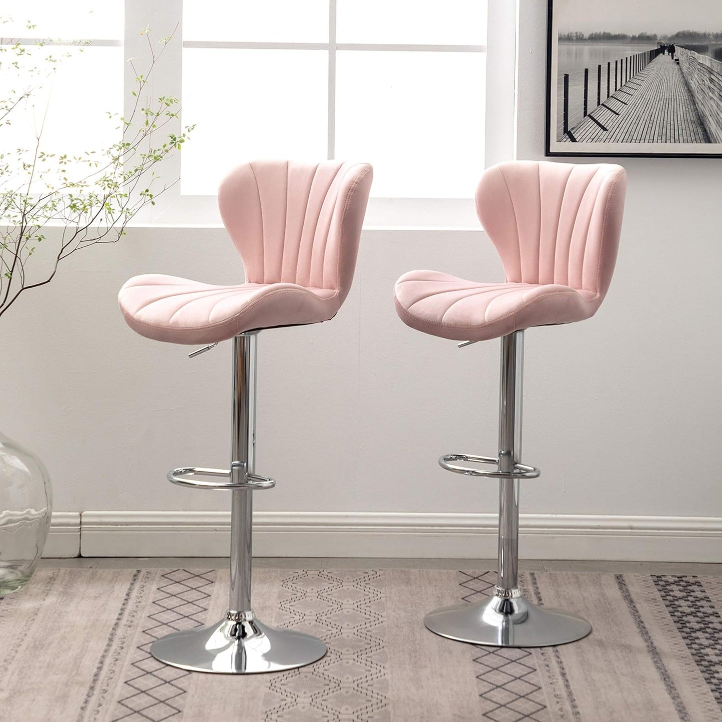 Roundhill Furniture Ellston Velvet Adjustable Swivel Barstools in Pink, Set of 2