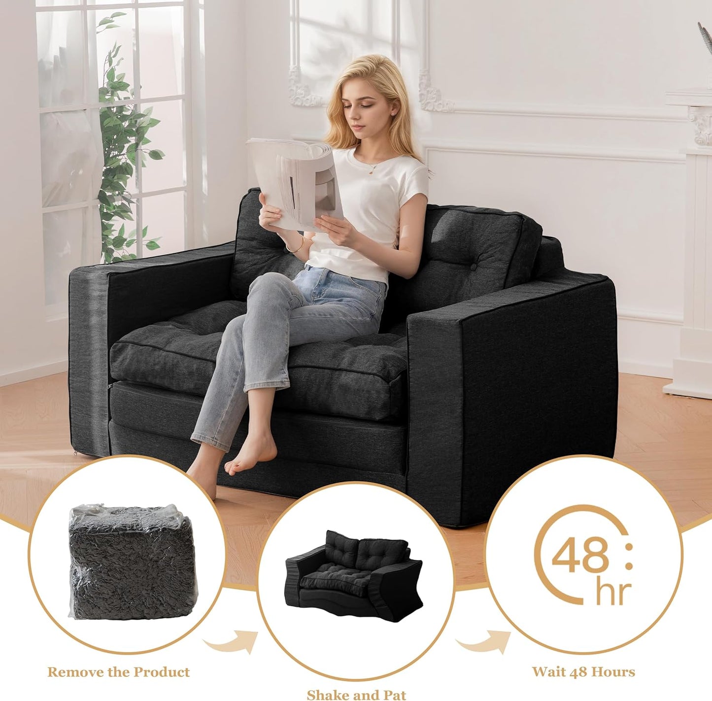 YOSHOOT Loveseat Sleeper Sofa,55" Convertible Sofa Bed Couch Futon Couches for Living Room,3-in-1 Pull Out Floor Couch with Backrest and Pillows, Black