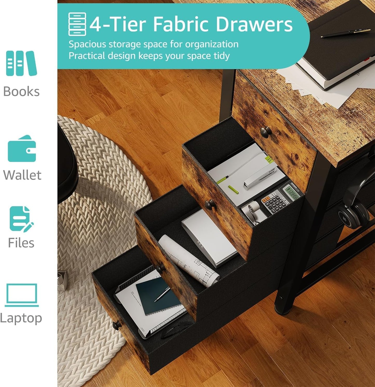 Lufeiya 63 inch Computer Desk with 4 Fabric Drawers & Storage Shelves, Writing Work Study Desk for Home Office Bedroom, Modern Simple Student PC Desks Table, Rustic Brown