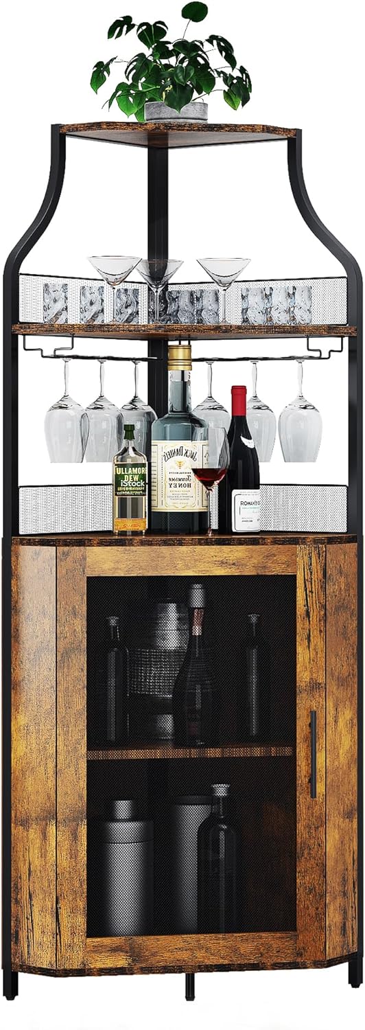 GarveeHome Corner Wine Cabinet with Detachable Wine Rack, 5-Tier Industrial Corner Bar Cabinet with Barn Door and Glass Holder, Farmhouse Buffet Cabinet and Home Bar, Rustic Brown