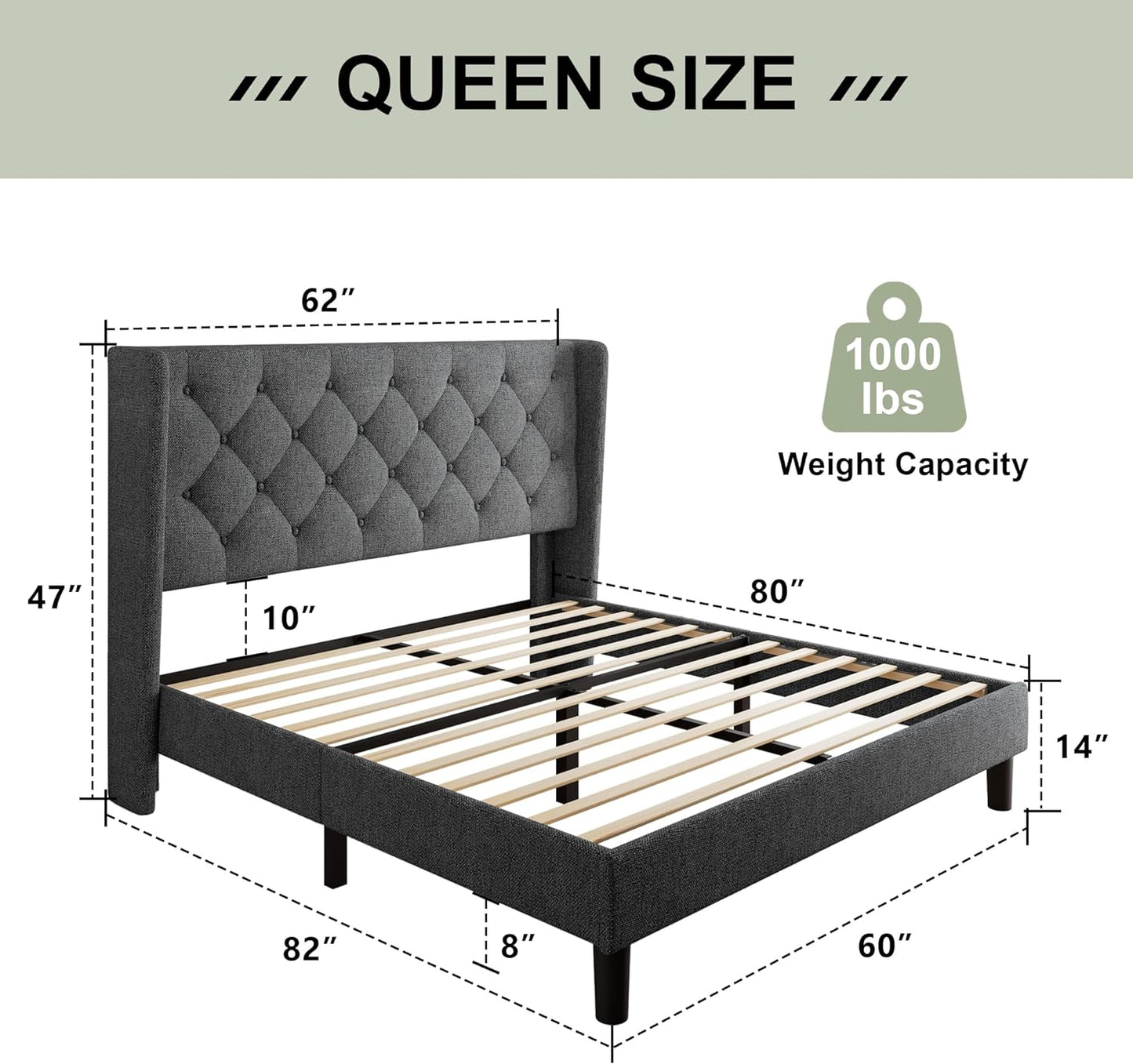 Feonase Queen Size Bed Frame with Diamond Tufted Wingback Headboard, Morden Upholstered Platform Bed, Sturdy Wooden Slats Support, Noise-Free, No Box Spring Needed, Easy Assembly, Dark Gray