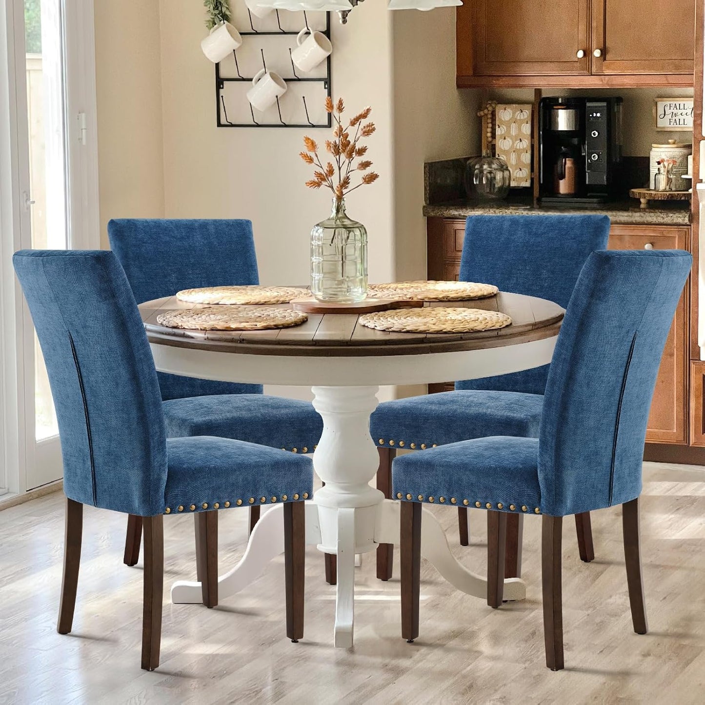 COLAMY Upholstered Parsons Dining Chairs Set of 4, Fabric Dining Room Kitchen Side Chair with Nailhead Trim and Wood Legs - Dark Blue