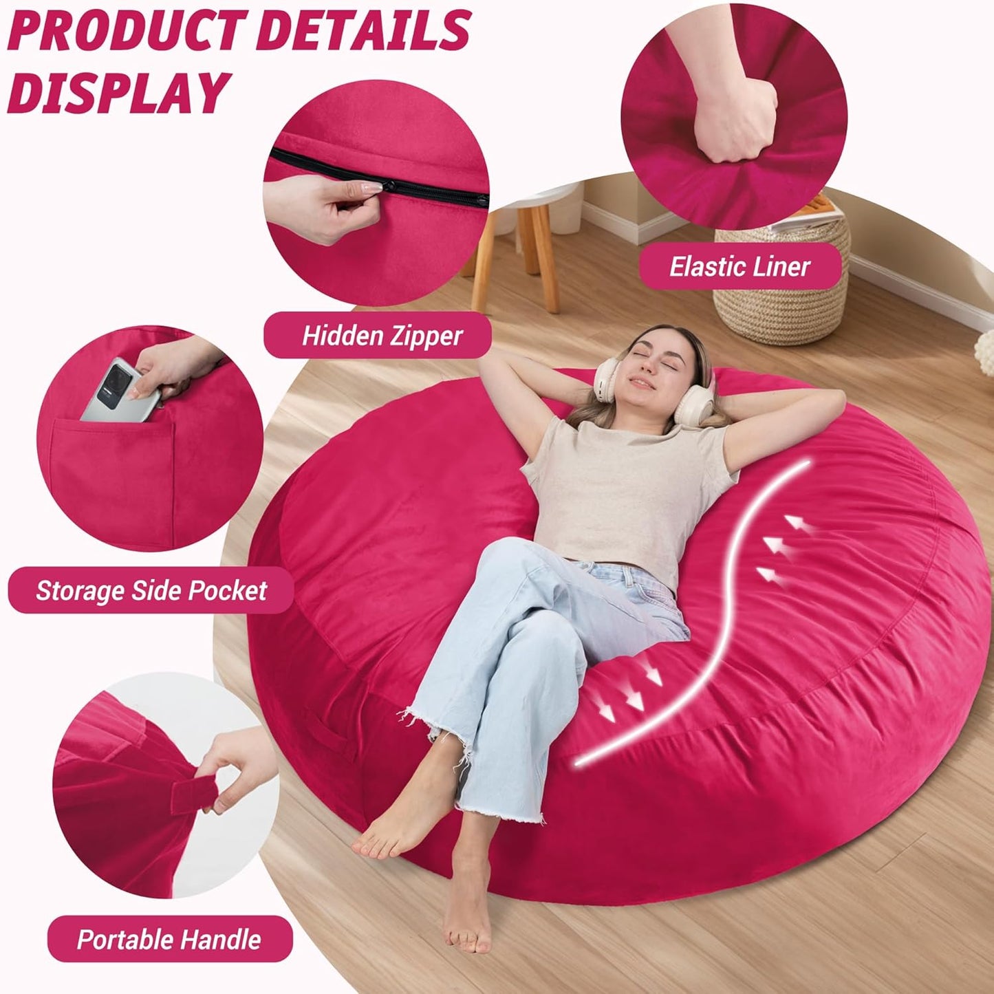 7FT Bean Bag Chair with Ultra Soft Velvet Cover Bean Bag Sofa with Memory Foam Bean Bag Chairs with Large Size Lazy Sofa for Dorm Office Living Room Bedroom Hot Pink 7'