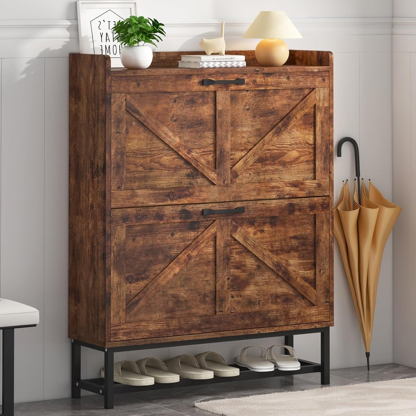 JSB Shoe Cabinet with 2 Flip Drawers, Freestanding Storage Organizer Shelf with Metal Legs, Narrow Shoe Rack Cabinet for Entryway (Rustic Brown, 2-Drawers)