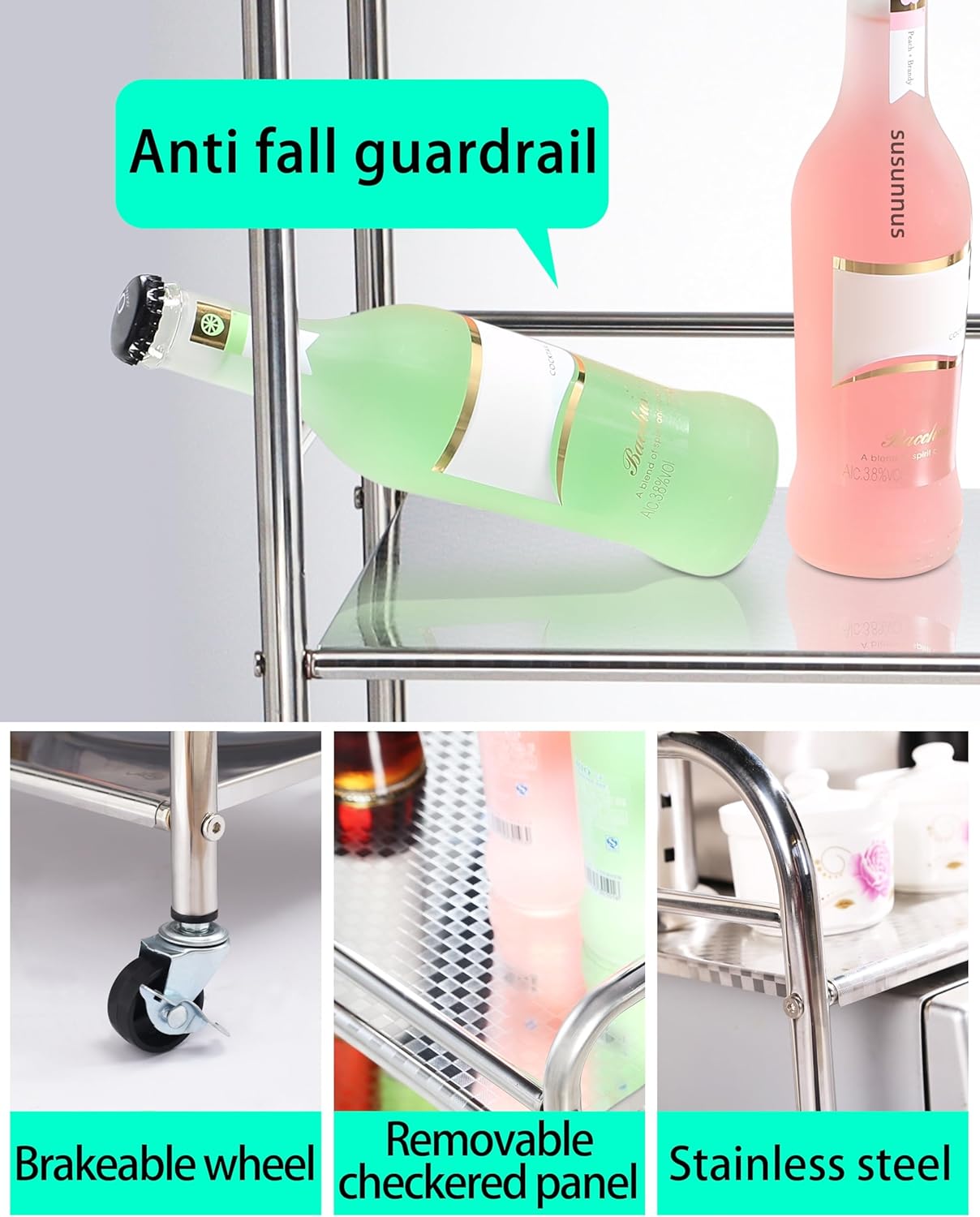 susunnus Stainless Steel Cart with Wheels 5 Tier,Stainless Steel Kitchen Cart,Utility Cart,Metal Cart with Wheels,Suitable for Various Occasions,Movable,Gift Tools