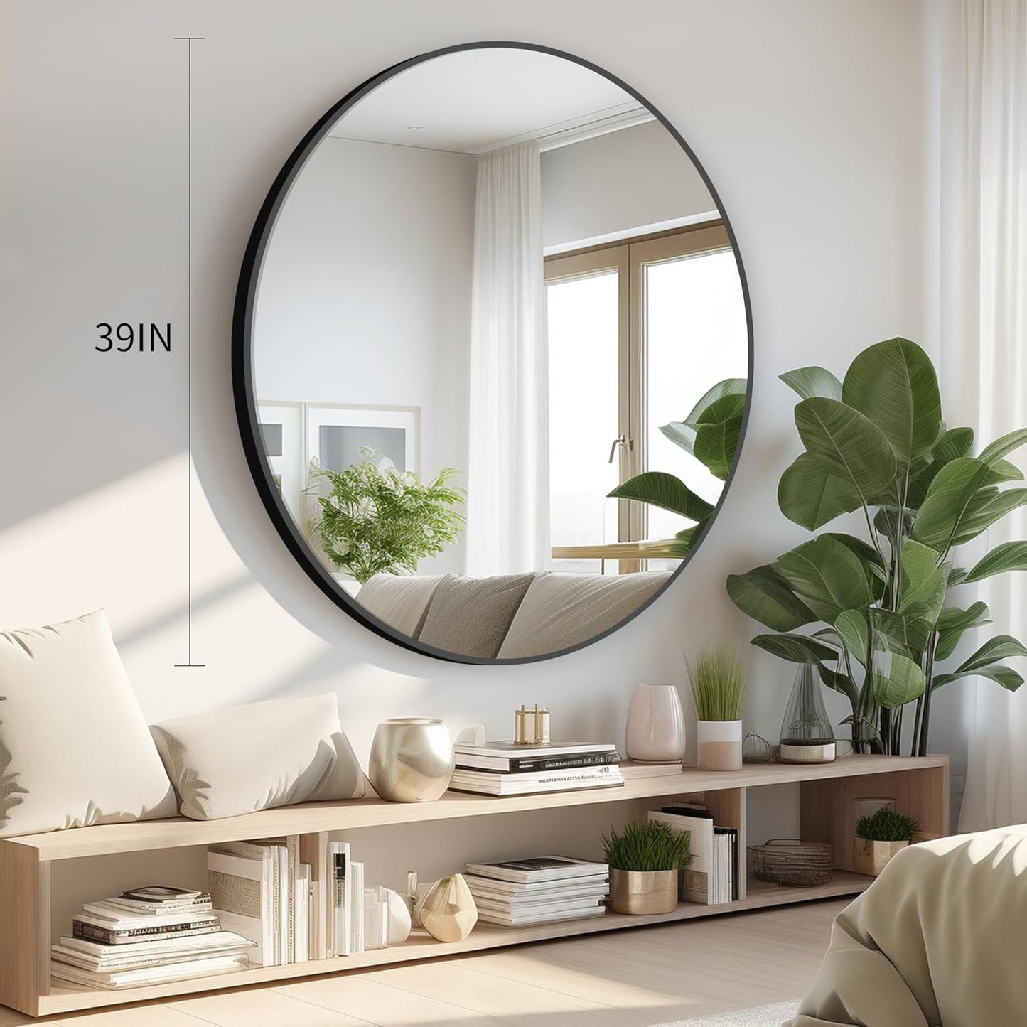 Black Round Mirror 39 inch Large Circle Mirror, Aluminum Alloy Metal Frame Bathroom Mirror, Round Wall Mirror, Circle Mirrors for Wall Entryway Bedroom Living Room