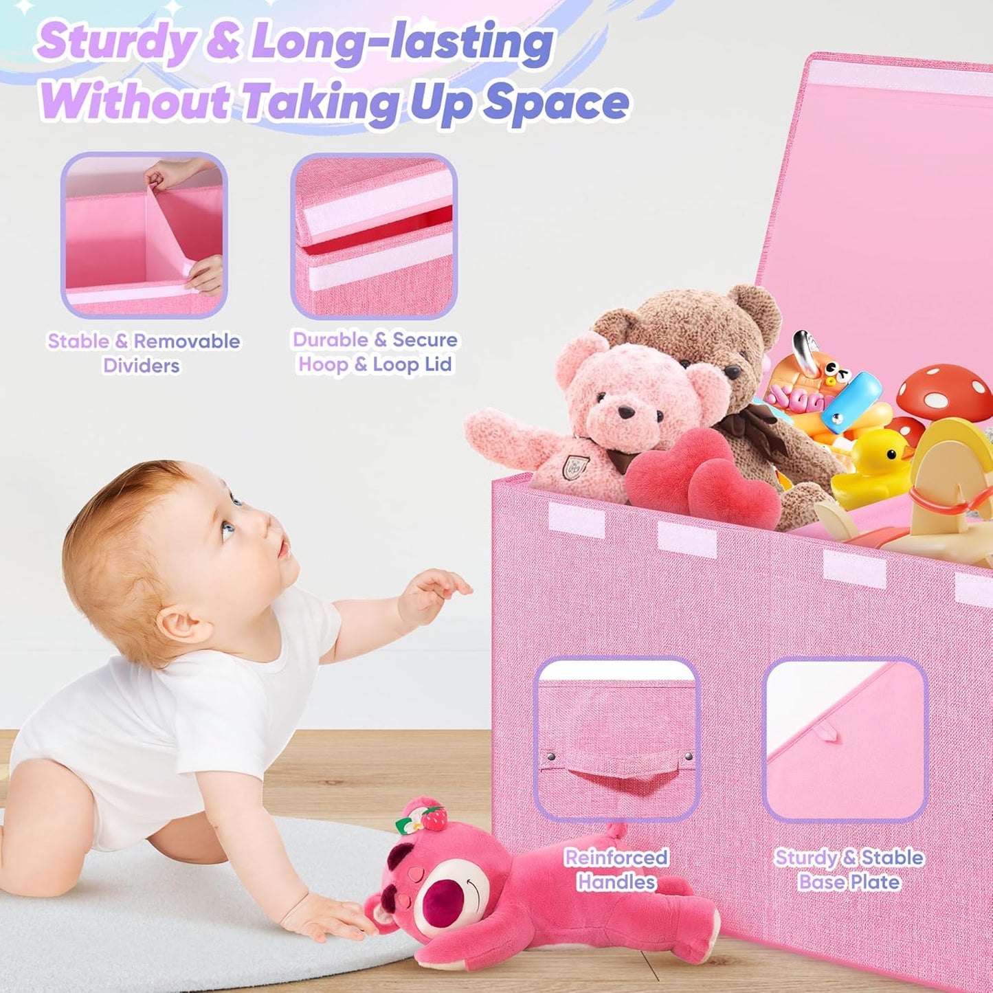 Extra Large Toy Box, Toybox for Kids Boys Girls, Collapsible Sturdy Toy Storage Organizer with Mesh Pockets, 40"x14"x16" Kids Storage Boxes Bins Baskets for Nursery, Playroom, Pink