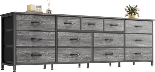 Huuger 70 Inch Dresser for Bedroom, TV Stand for 65, 75, 80 Inch TV, 13 Fabric Drawer Long Dresser, Large Entertainment Center for Bedroom, Wide Chest of Drawer with Storage, Grey