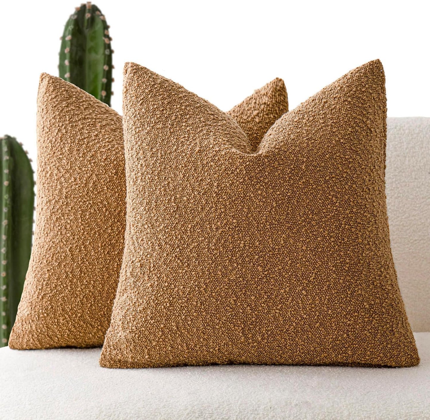 Foindtower Set of 2, Decorative Textured Boucle Throw Pillow Covers Accent Solid Pillow Cases Neutral Soft Couch Cushion Case for Chair Sofa Bedroom Living Room Home Decor 16 x 16 Inch Rust Tobacco