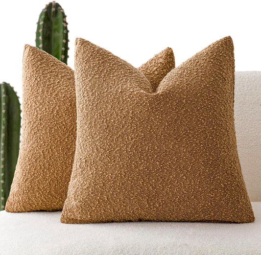 Foindtower Set of 2, Decorative Textured Boucle Throw Pillow Covers Accent Solid Pillow Cases Neutral Soft Couch Cushion Case for Chair Sofa Bedroom Living Room Home Decor 16 x 16 Inch Rust Tobacco