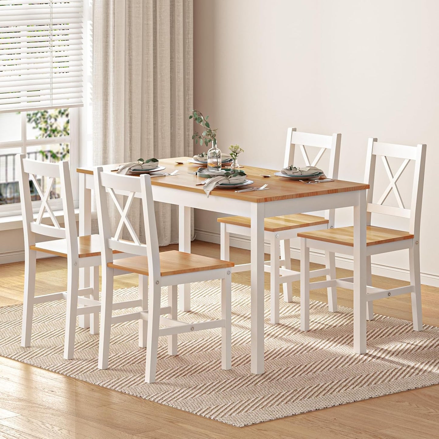 SogesPower Dining Table Set for 4, Wood Rectangular Kitchen Dining Table Set with 4 Chairs, 5-Piece Space-Saving Kitchen Table Set for Dining Room Small Space, White+Oak 43"