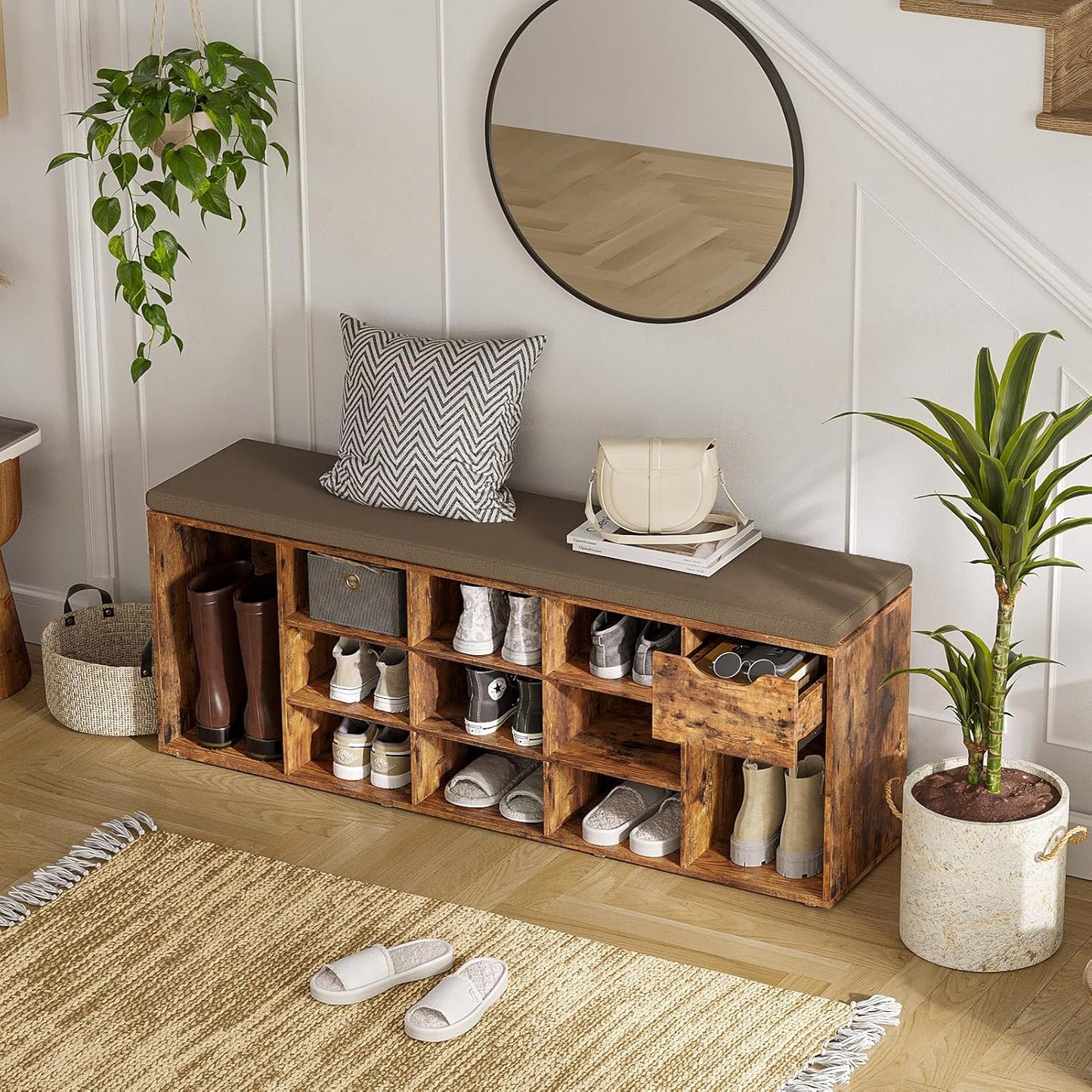 DINZI LVJ Shoe Bench, Entryway Storage Bench with Drawer and 14 Cubbies, Long Cubby Shoe Rack with Adjustable Shelves, Shoe Organizer for Living Room, Bedroom, Mudroom, Garage, Rustic Brown