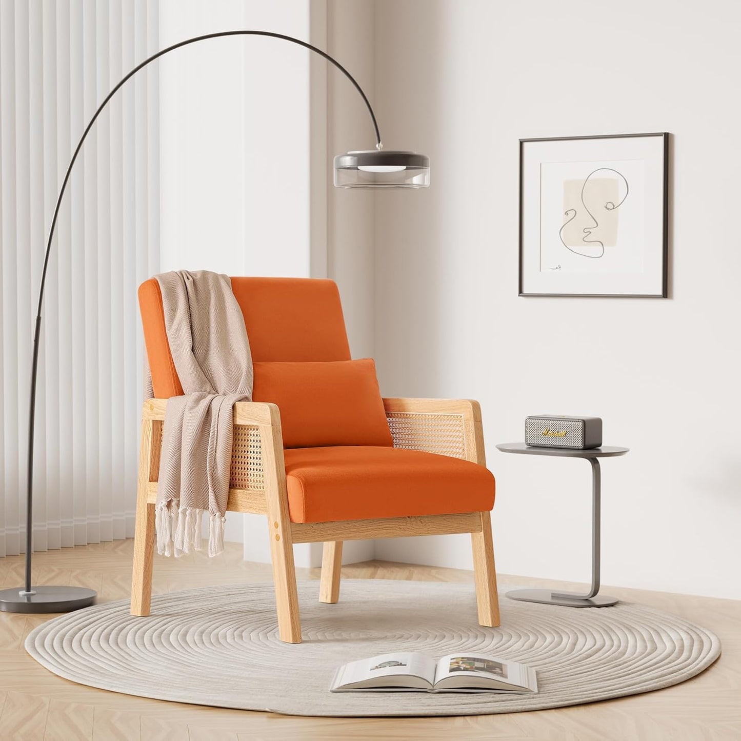 YESHOMY Mid-Century Accent Chair with Pillow Upholstered with Solid Frame & Breathable Armrest for Living Room, Light Orange