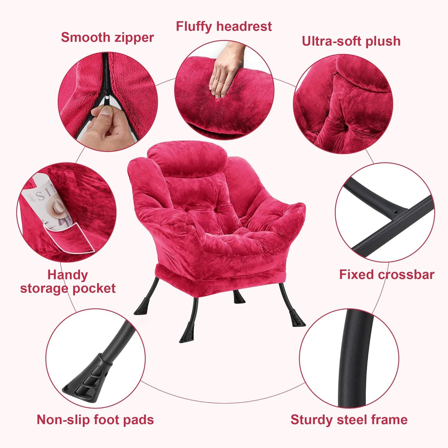 Fabric Lazy Chair for Adults, Oversized Upholstered Sofa Chair, Plush Comfy Lounge Chair with Large Side Storage Pocket, Thick Padded Reading Chair for Living Room, Bedroom, Office, Rose Red