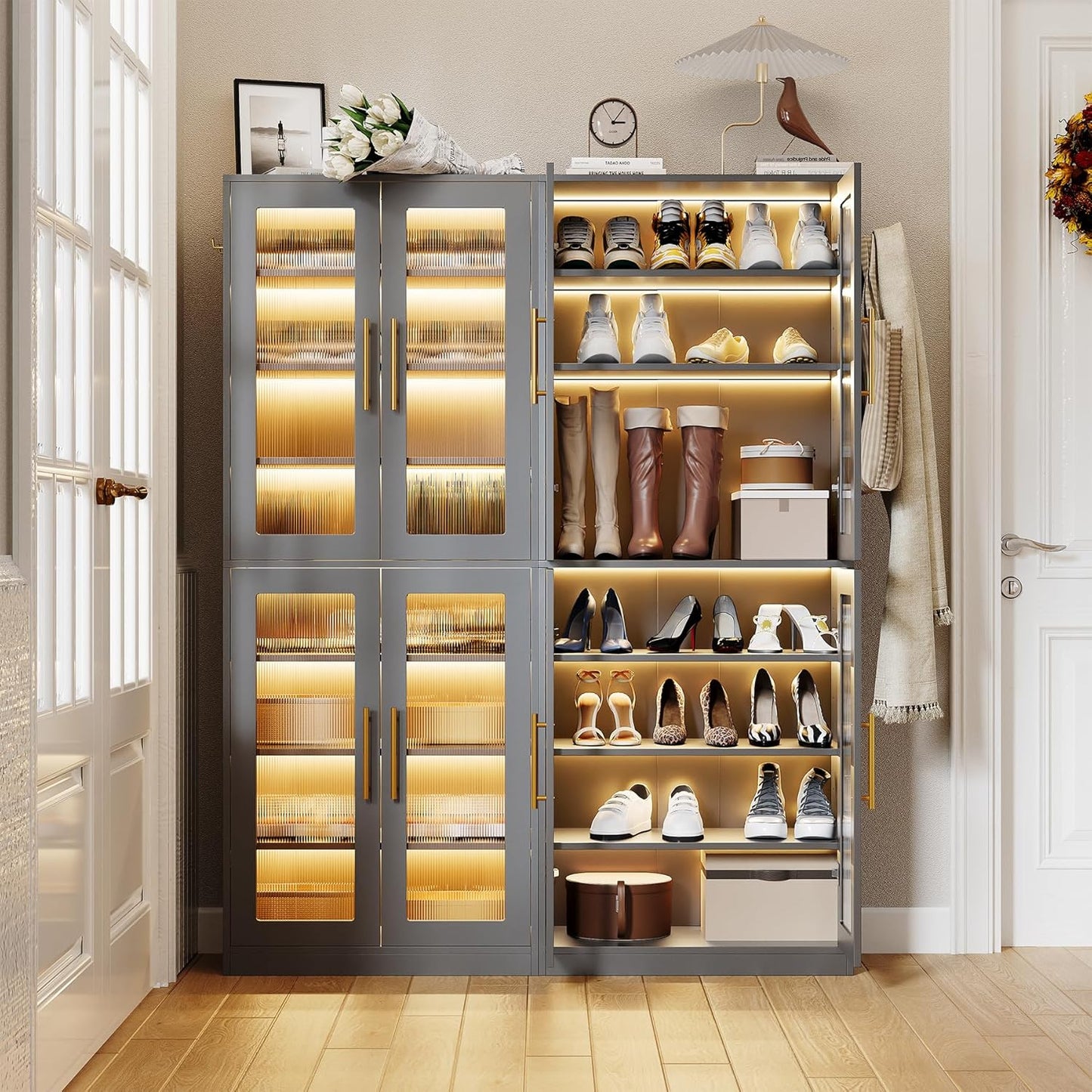 LITTLE TREE Stylish 8-Tier Vertical Shoe Rack with Built-in LED Lighting, Doors for Dust Protection, and Convenient External Hooks, Shoe Cabinet for Entryway, Living Room, Bedroom, Grey