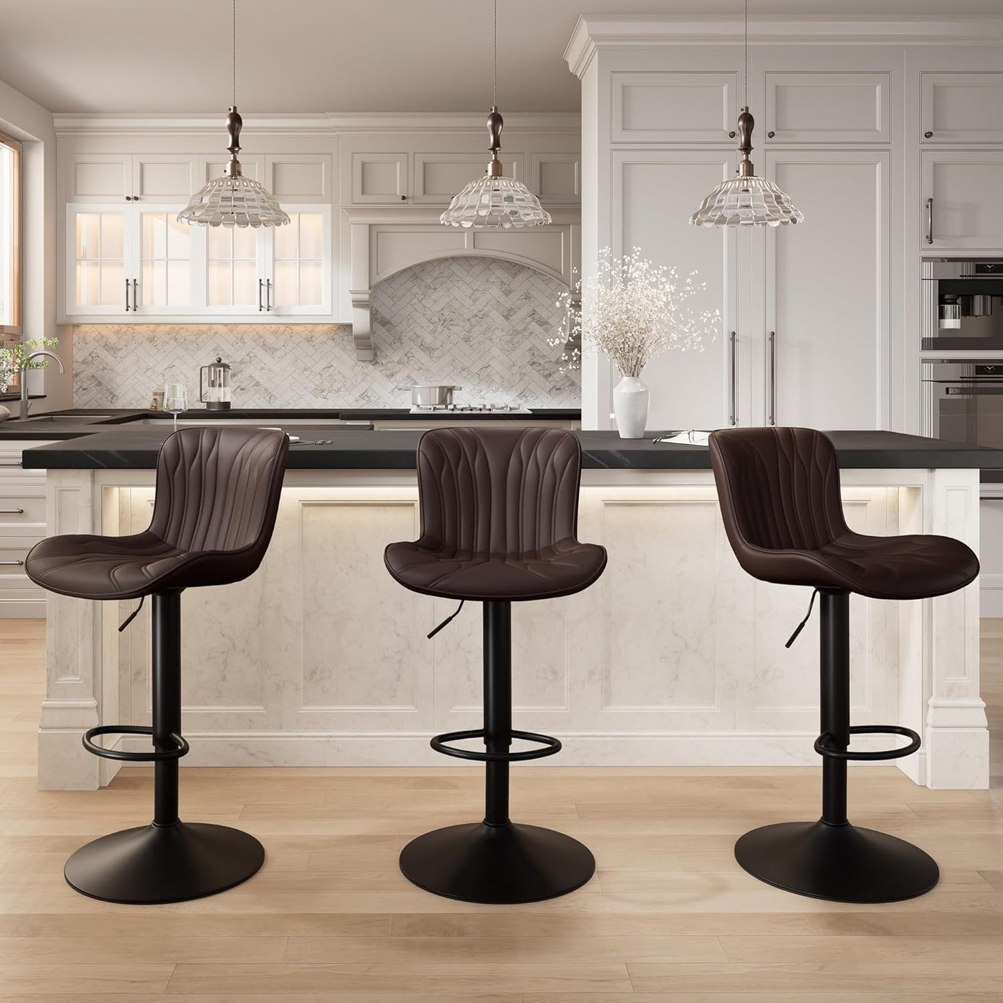 YOUNIKE 3 Brown Bar Stools Modern Swivel Counter Height Bar Chair with Back Adjustable Kitchen Island Faux Leather Padded Barstools taburetes de bar Breakfast sillas para barra de cocina 3PCS